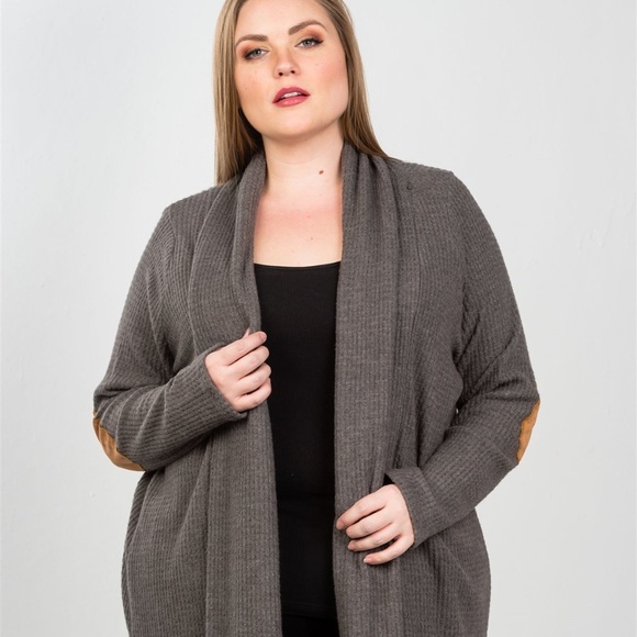 Sweaters - Plus Size Charcoal elbow patch open Cardigan